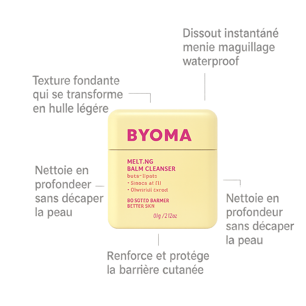 Baume nettoyant BYOMA Melting Balm Cleanser – texture fondante qui se transforme en huile légère, nettoie en profondeur sans décaper la peau et dissout le maquillage waterproof tout en renforçant la barrière cutanée.