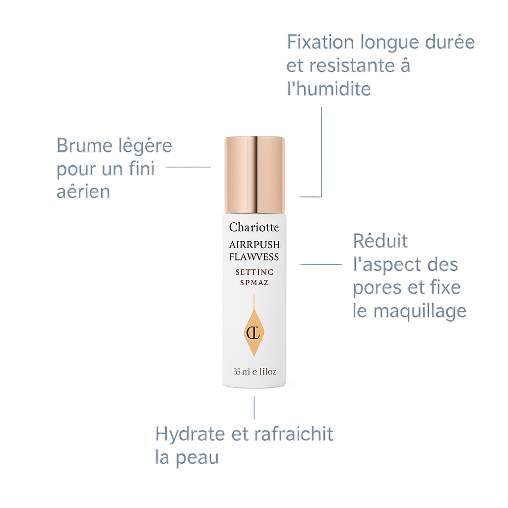 Brume fixatrice Charlotte Tilbury Airbrush Flawless Setting Spray – hydrate et rafraîchit la peau, réduit l’aspect des pores et assure une fixation longue durée du maquillage, même sous l’humidité.