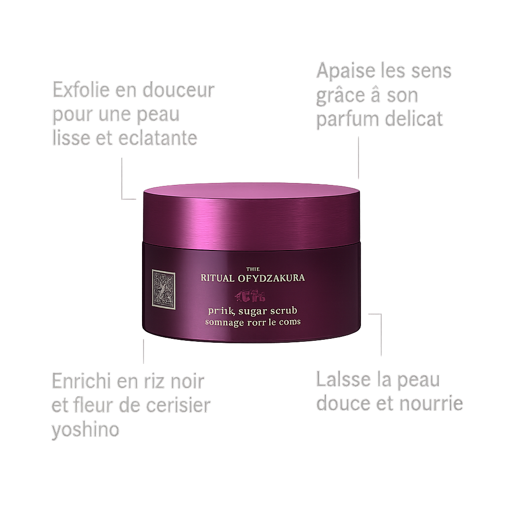 Gommage corps The Ritual of Yozakura – exfoliant au sucre enrichi en riz noir et fleur de cerisier Yoshino, lisse et nourrit la peau tout en apaisant les sens avec son parfum délicat.